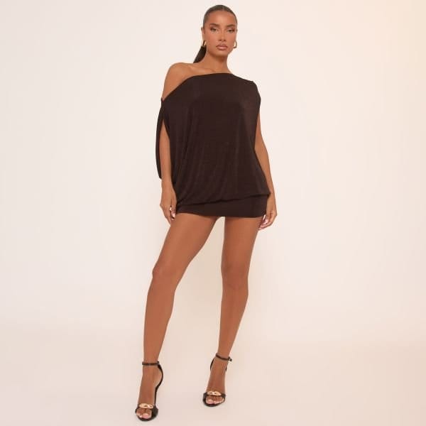EGO OFF THE SHOULDER ASYMMETRIC DRAPED MINI DRESS IN BROWN, Women's Size UK 4 - 1