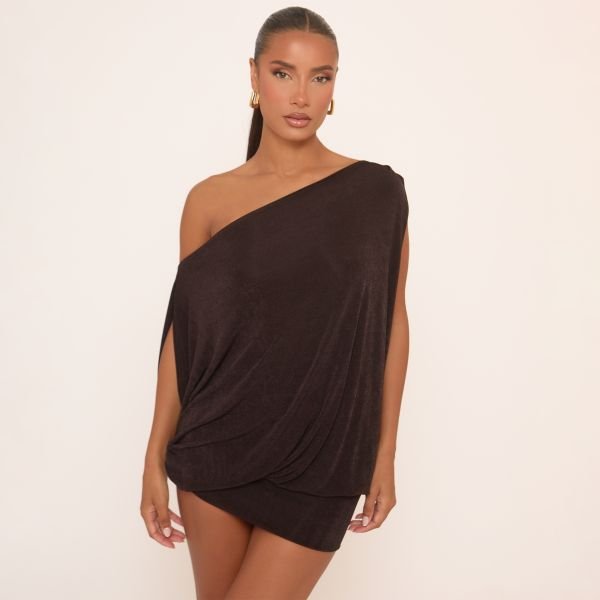 EGO OFF THE SHOULDER ASYMMETRIC DRAPED MINI DRESS IN BROWN, Women's Size UK 4 - 2