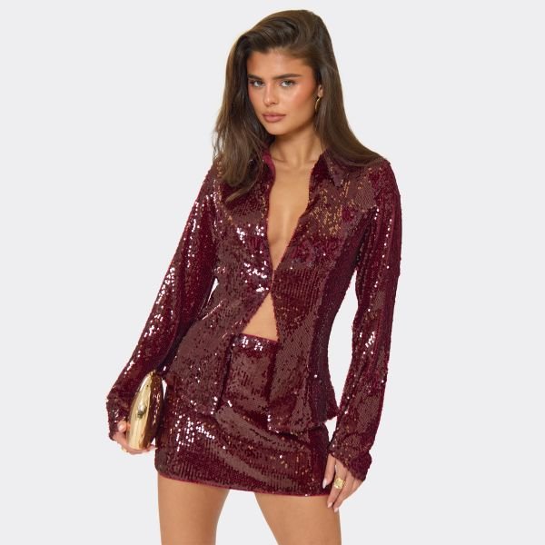 EGO Long Sleeve Plunge Front Collared Detail Top In Burgundy Sequin, Women's Size UK 6 - 1