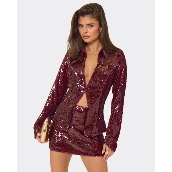 EGO Long Sleeve Plunge Front Collared Detail Top In Burgundy Sequin, Women's Size UK 6 - 2