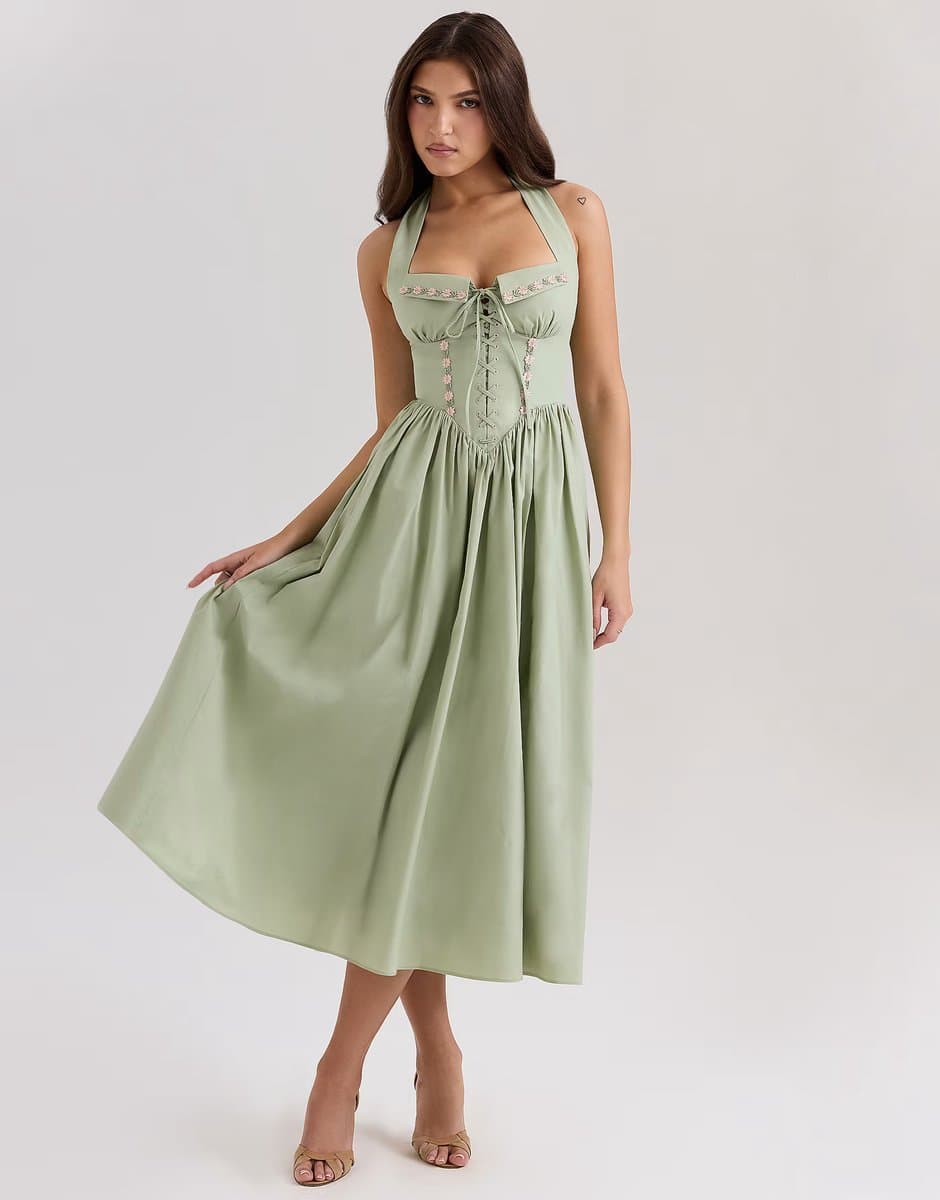ASOS House of CB Emilia stretch cotton halter neck midi dress in sage