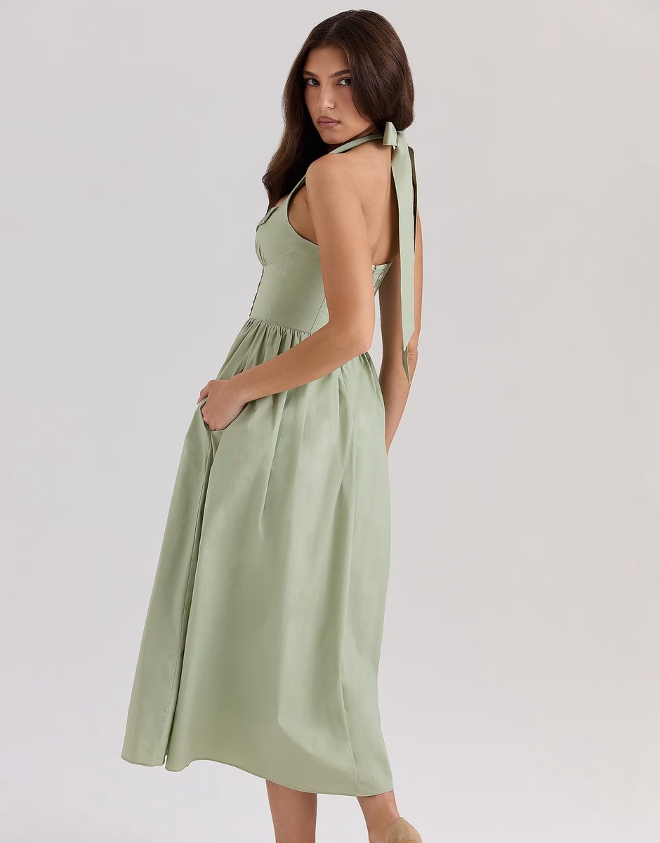 ASOS House of CB Emilia stretch cotton halter neck midi dress in sage - 3