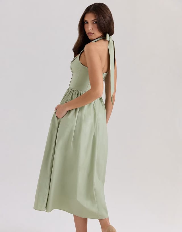 ASOS House of CB Emilia stretch cotton halter neck midi dress in sage - 3