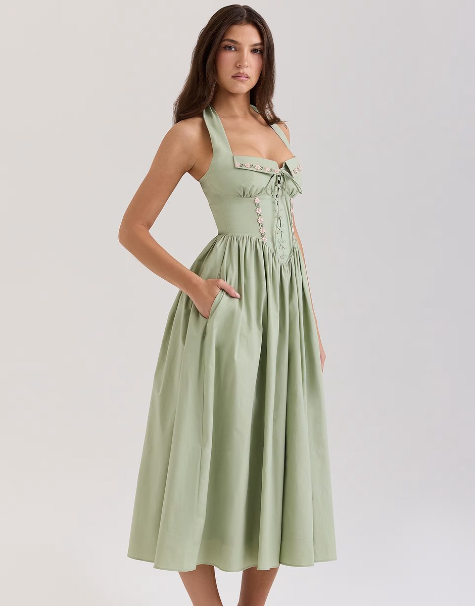 ASOS House of CB Emilia stretch cotton halter neck midi dress in sage - 4