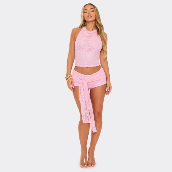 EGO Low Waist Tie Detail Hot Pant Shorts In Pink, Women's Size UK 10 - 1