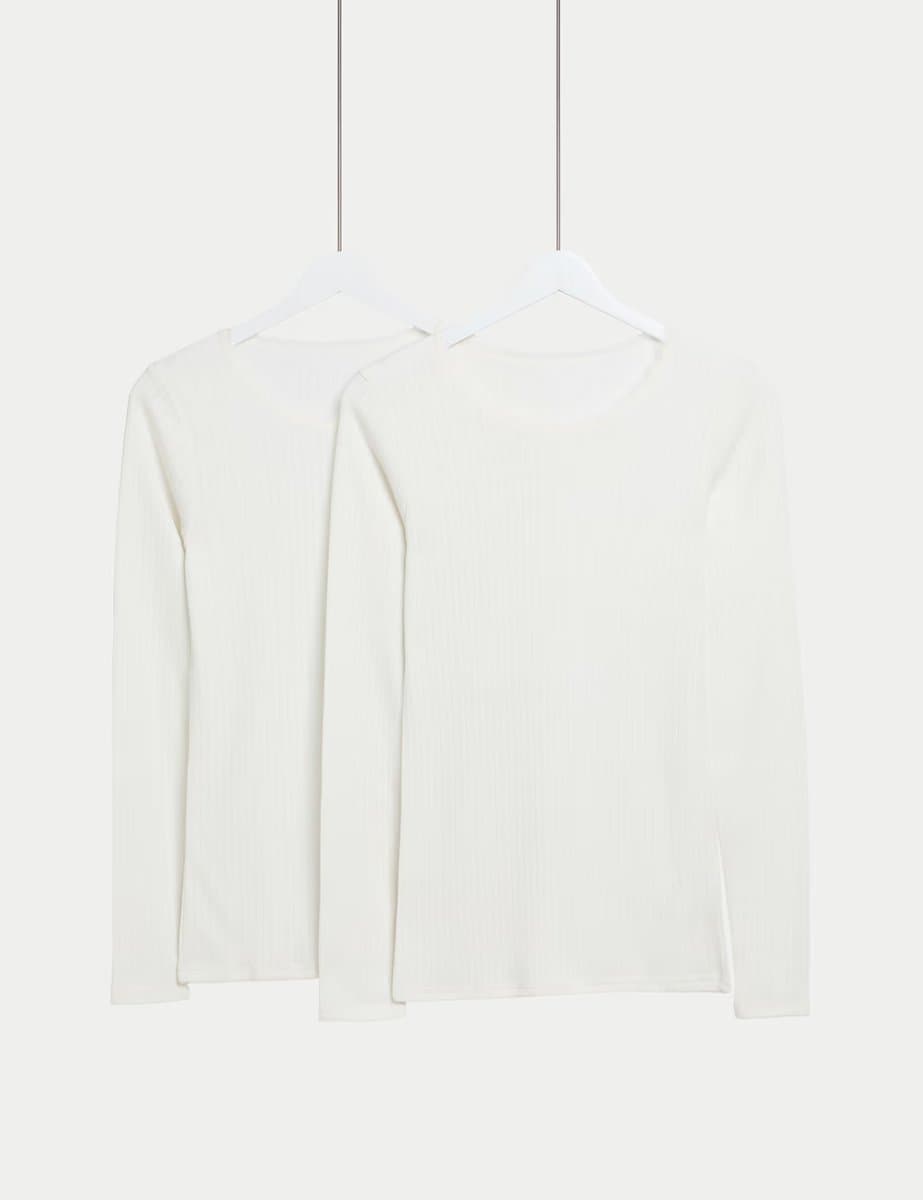 Marks & Spencer M&S Warmth Pointelle Thermal Long Sleeve Tops in White