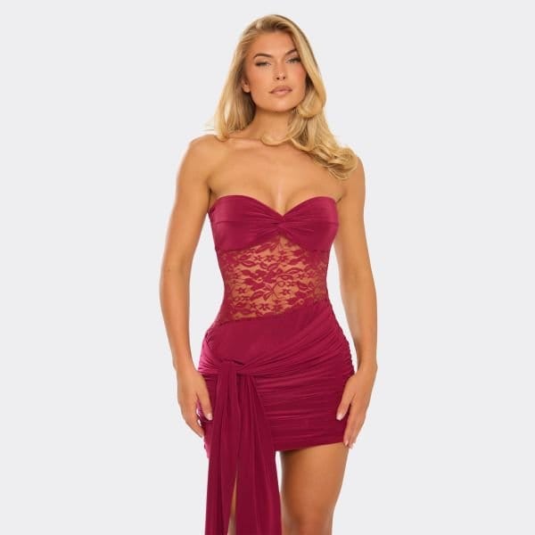 EGO Bandeau Panel Drape Detail Mini Dress In Burgundy Lace, Women's Size UK 8 - 1