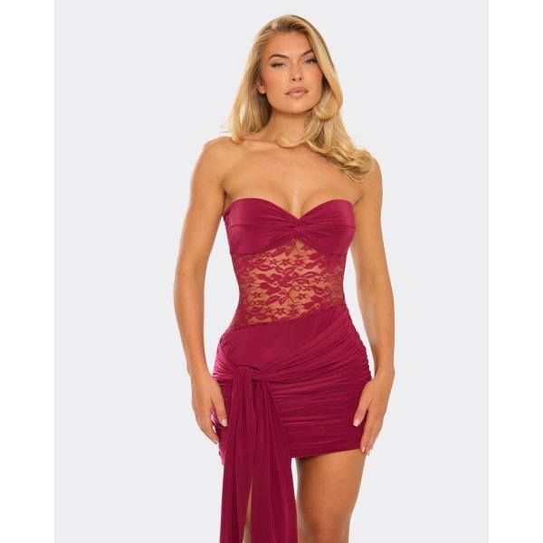 EGO Bandeau Panel Drape Detail Mini Dress In Burgundy Lace, Women's Size UK 8 - 2