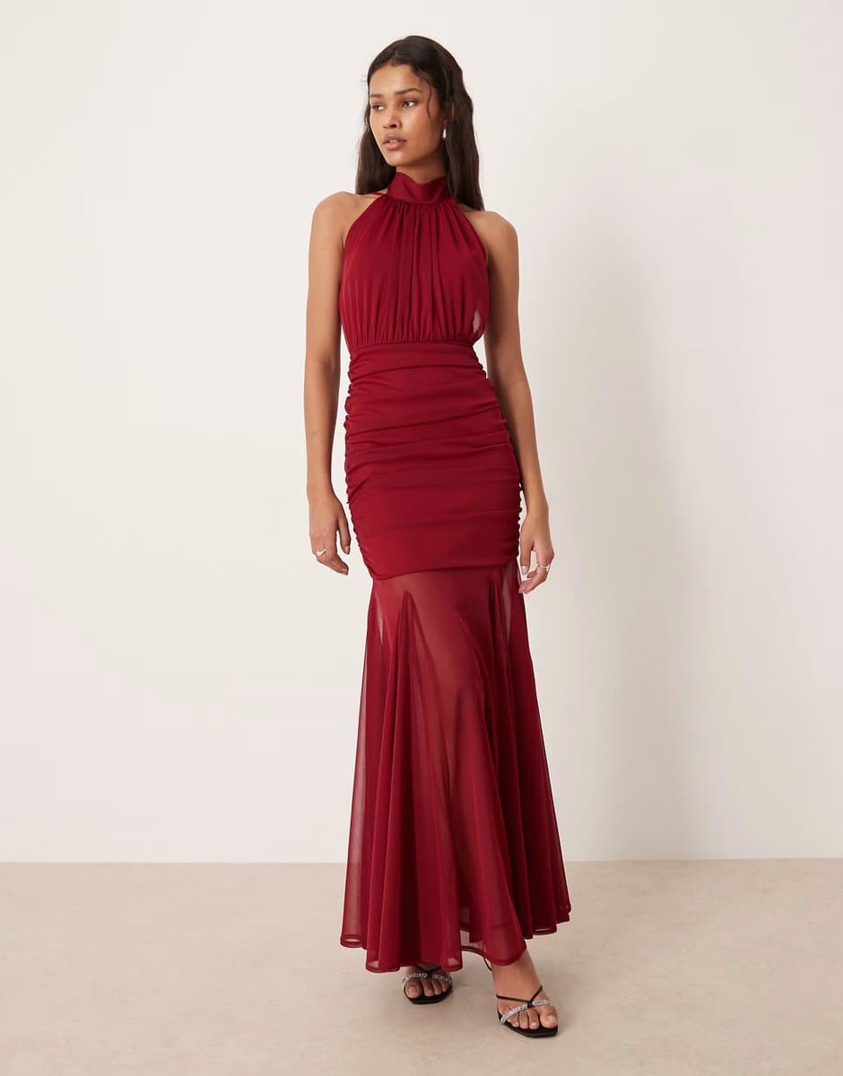 ASOS TFNC halter neck sheer skirt maxi dress in wine