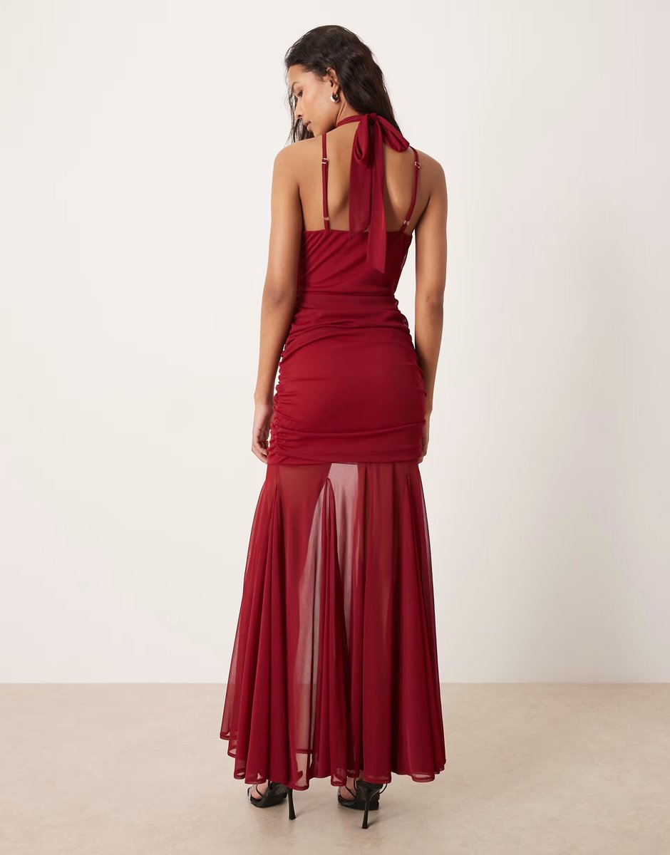 ASOS TFNC halter neck sheer skirt maxi dress in wine - 3