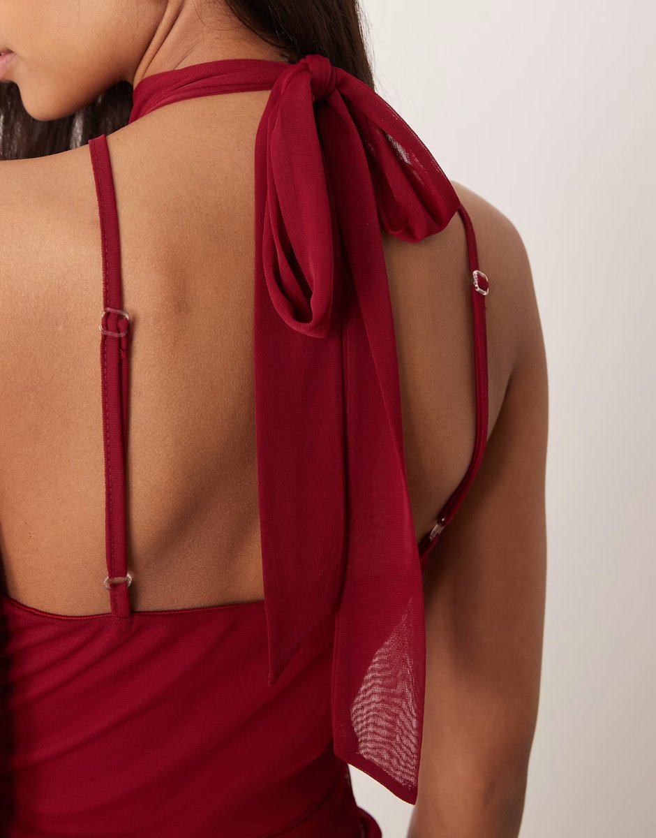 ASOS TFNC halter neck sheer skirt maxi dress in wine - 4