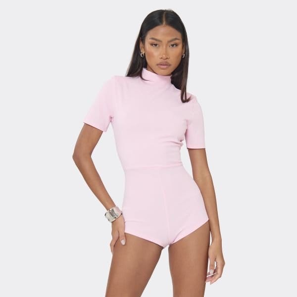EGO HIGH NECK SHOULDER PAD HOTPANT PLAYSUIT IN PINK, Women's Size UK 6 - 1