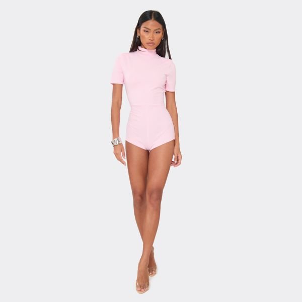 EGO HIGH NECK SHOULDER PAD HOTPANT PLAYSUIT IN PINK, Women's Size UK 6 - 2