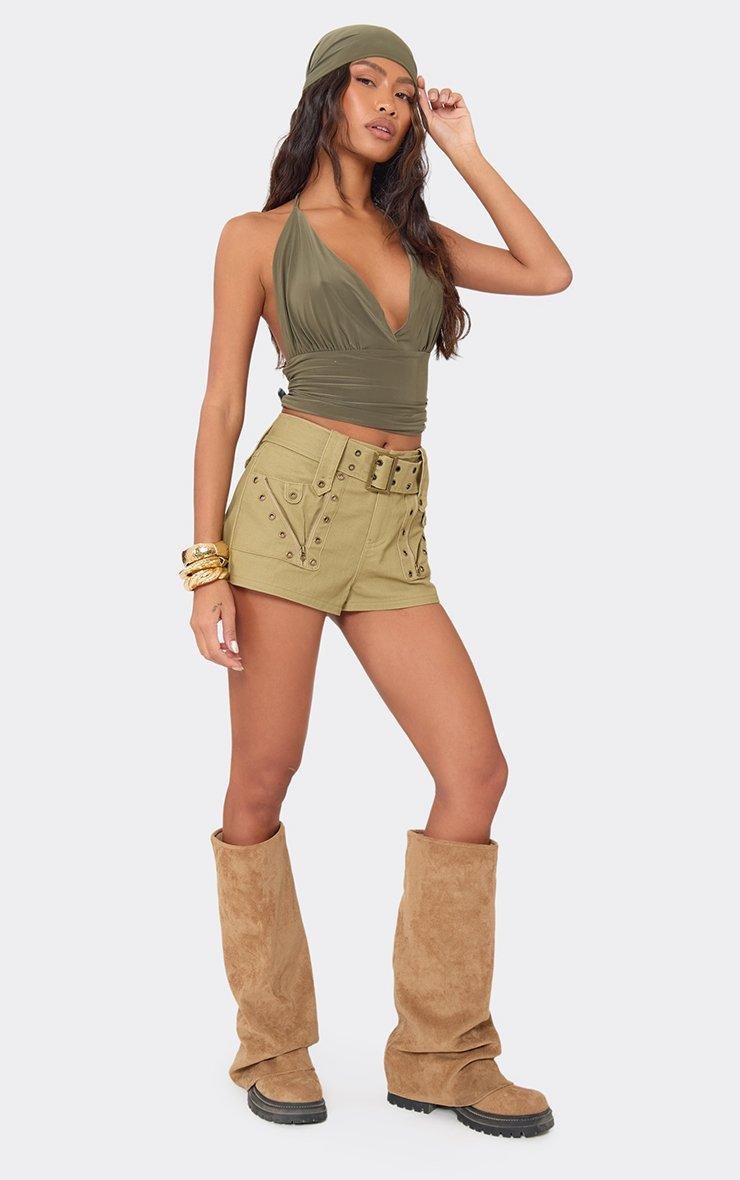 EGO Mid Rise Eyelet Detail Belted Shorts In Sand, Women's Size UK 6 - 2