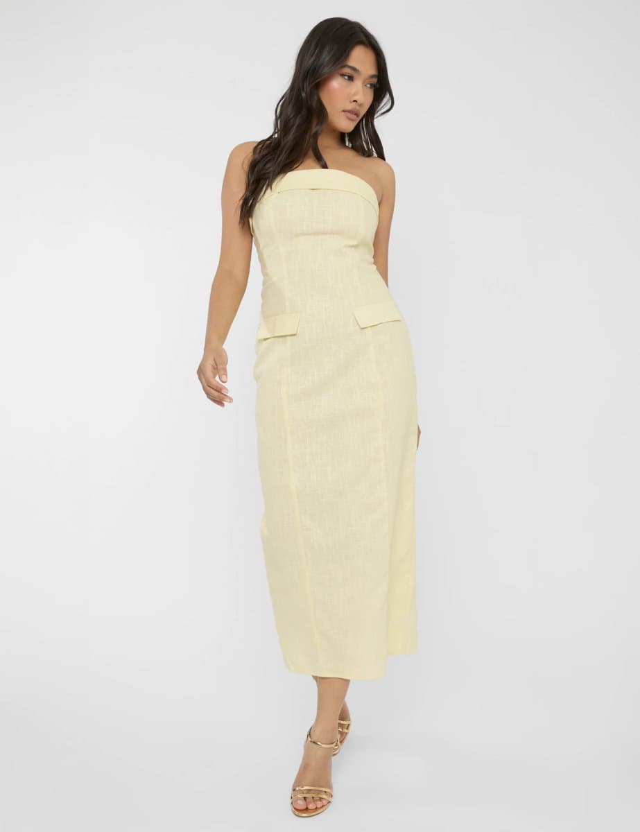 Public Desire Linen Look Tailored Fold Over Bandeau Pocket Detail Midi Dress Yellow
