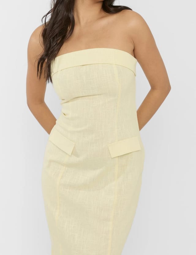 Public Desire Linen Look Tailored Fold Over Bandeau Pocket Detail Midi Dress Yellow - 2