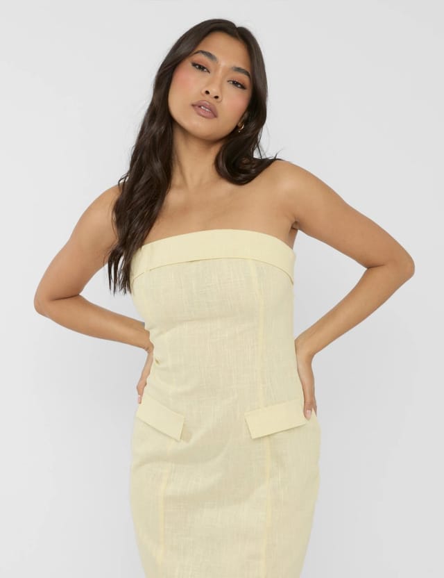 Public Desire Linen Look Tailored Fold Over Bandeau Pocket Detail Midi Dress Yellow - 3