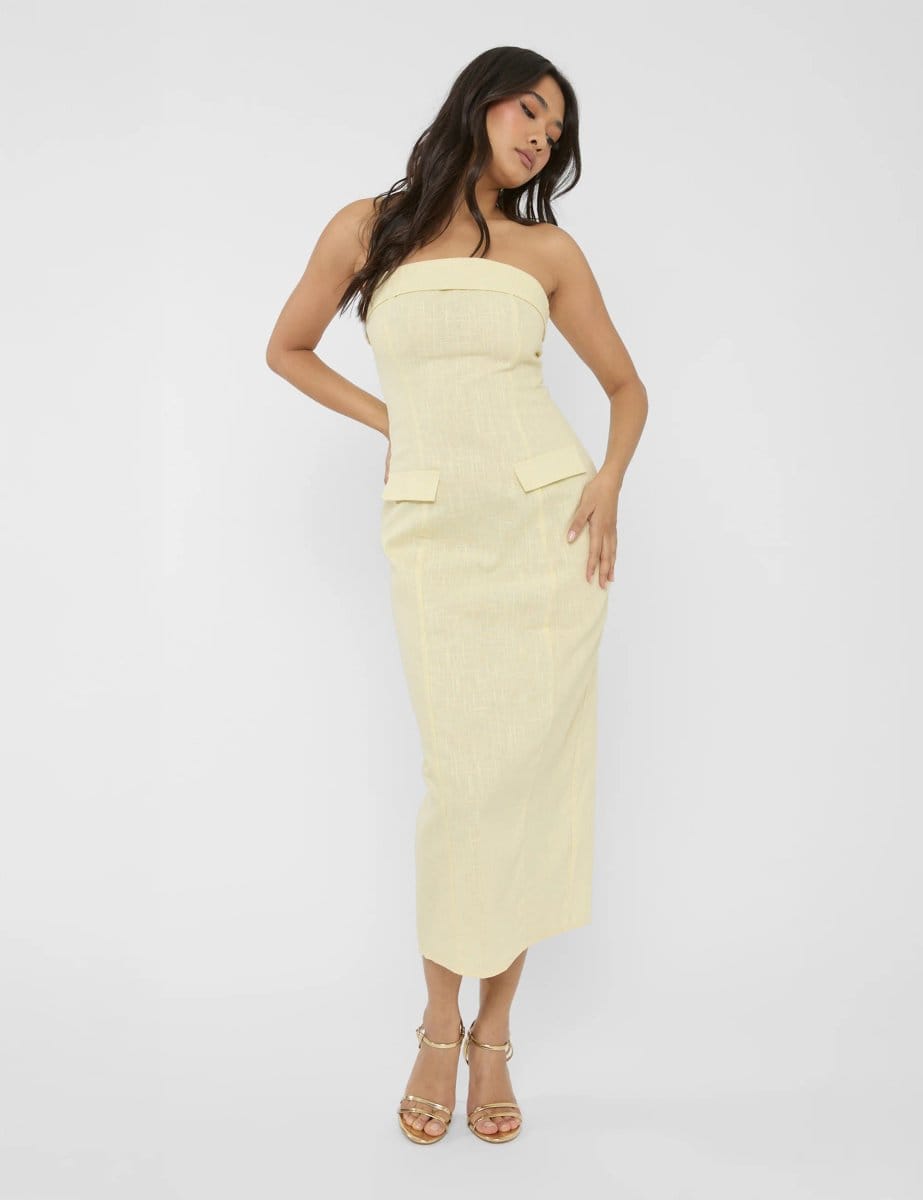 Public Desire Linen Look Tailored Fold Over Bandeau Pocket Detail Midi Dress Yellow - 4