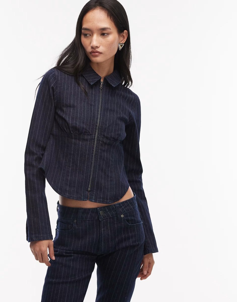 ASOS ASOS DESIGN denim collar shirt with double ended zip co-ord in pinstripe - 1