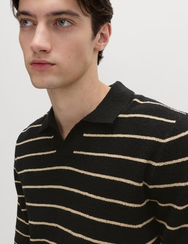 Marks & Spencer M&S Cotton Rich Bouclé Striped Open Neck Jumper Black Mix - 2