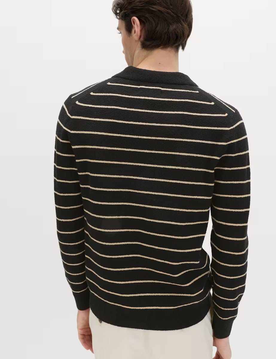 Marks & Spencer M&S Cotton Rich Bouclé Striped Open Neck Jumper Black Mix - 4