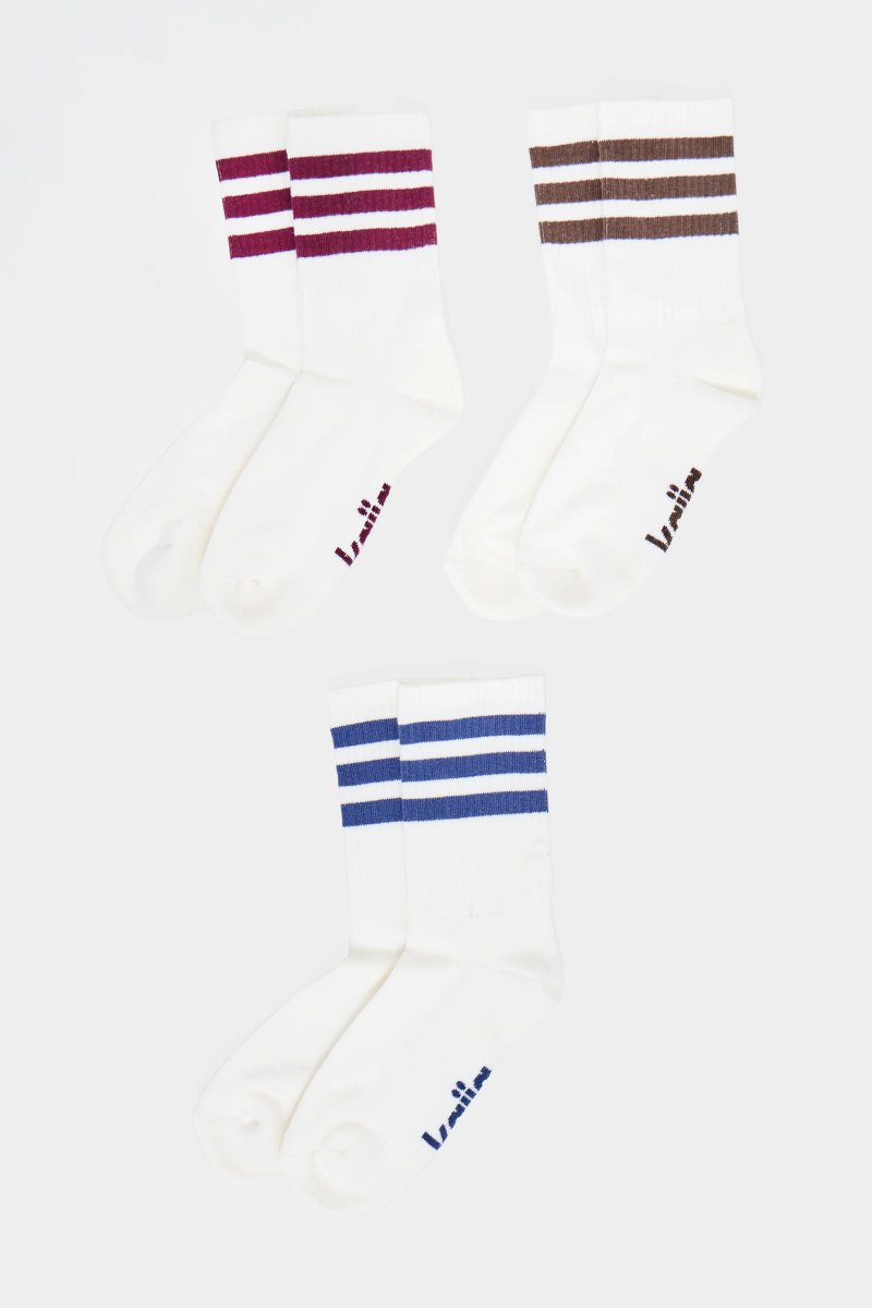 Kaiia Pack of Three Kaiia Sport Stripe Socks Burgundy, Navy & Chocolate - 1