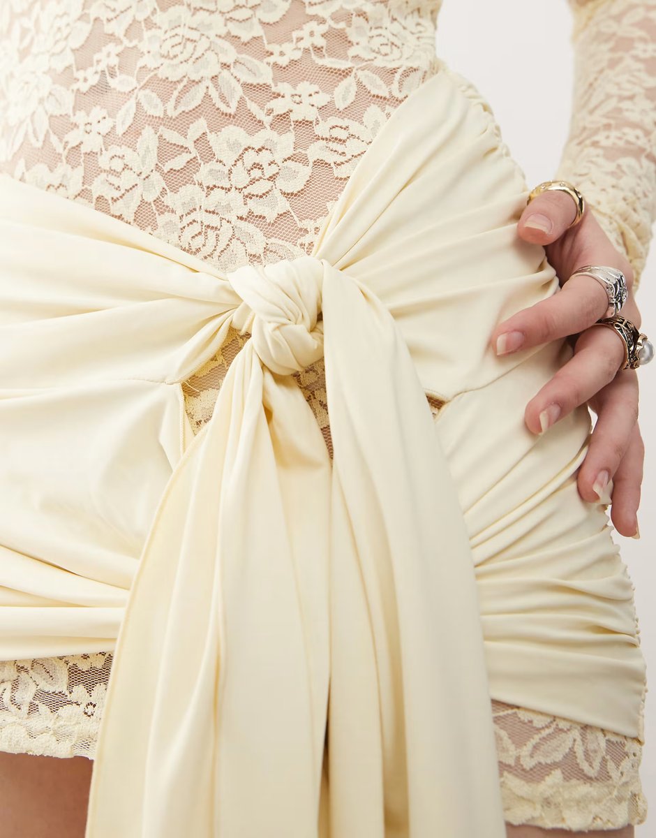 ASOS Lioness Midnight long sleeve drape tie skirt detail lace mini dress in butter yellow - 3