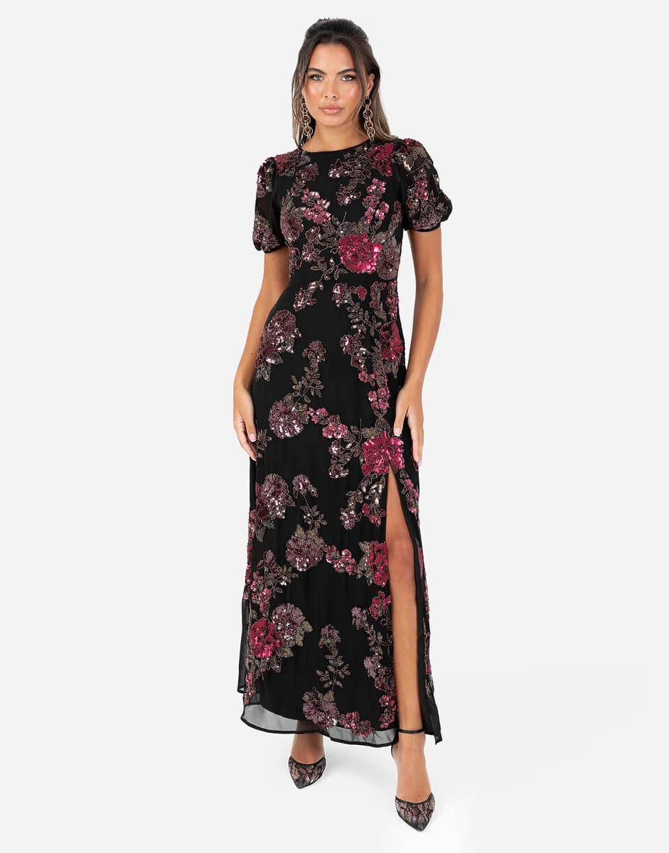 ASOS Maya Floral embellished short sleeve open back maxi dress in black