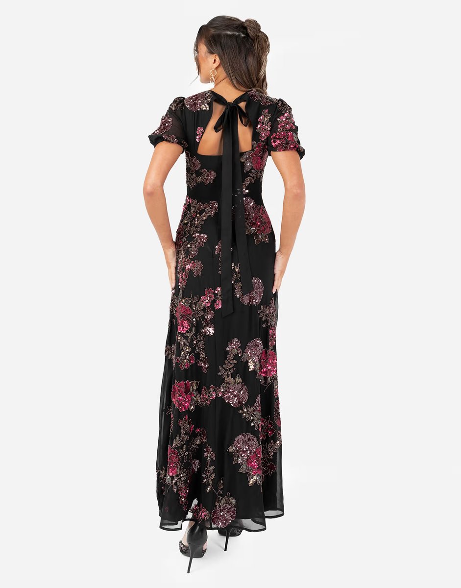 ASOS Maya Floral embellished short sleeve open back maxi dress in black - 2