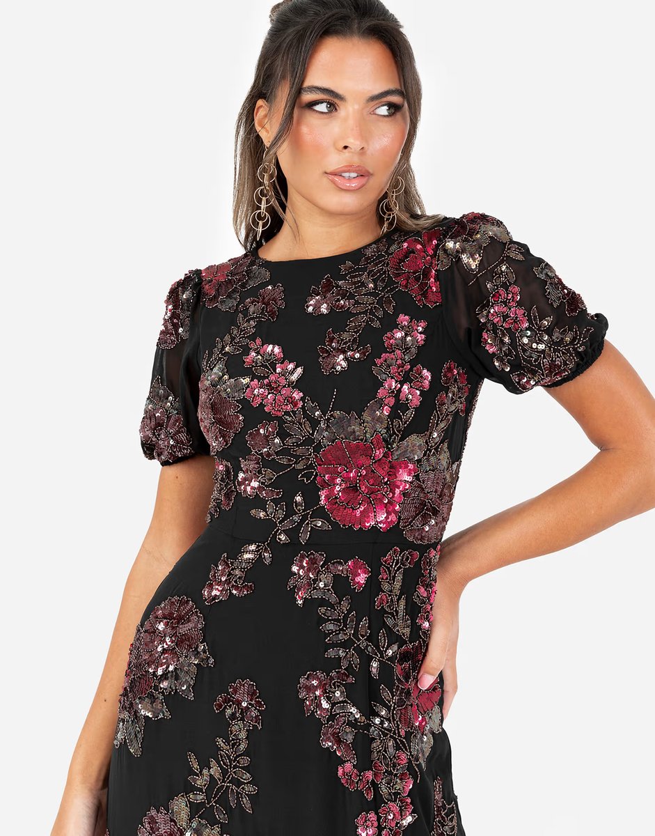 ASOS Maya Floral embellished short sleeve open back maxi dress in black - 3