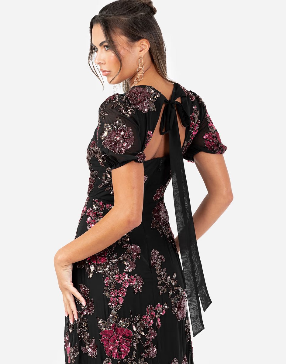 ASOS Maya Floral embellished short sleeve open back maxi dress in black - 4