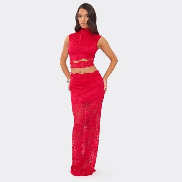EGO Mid Rise Maxi Skirt In Red Lace, Women's Size UK 6