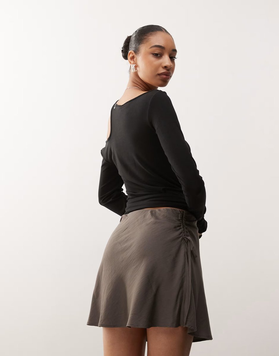 ASOS Weekday mini skirt with ruched side detail in dark mole - 3