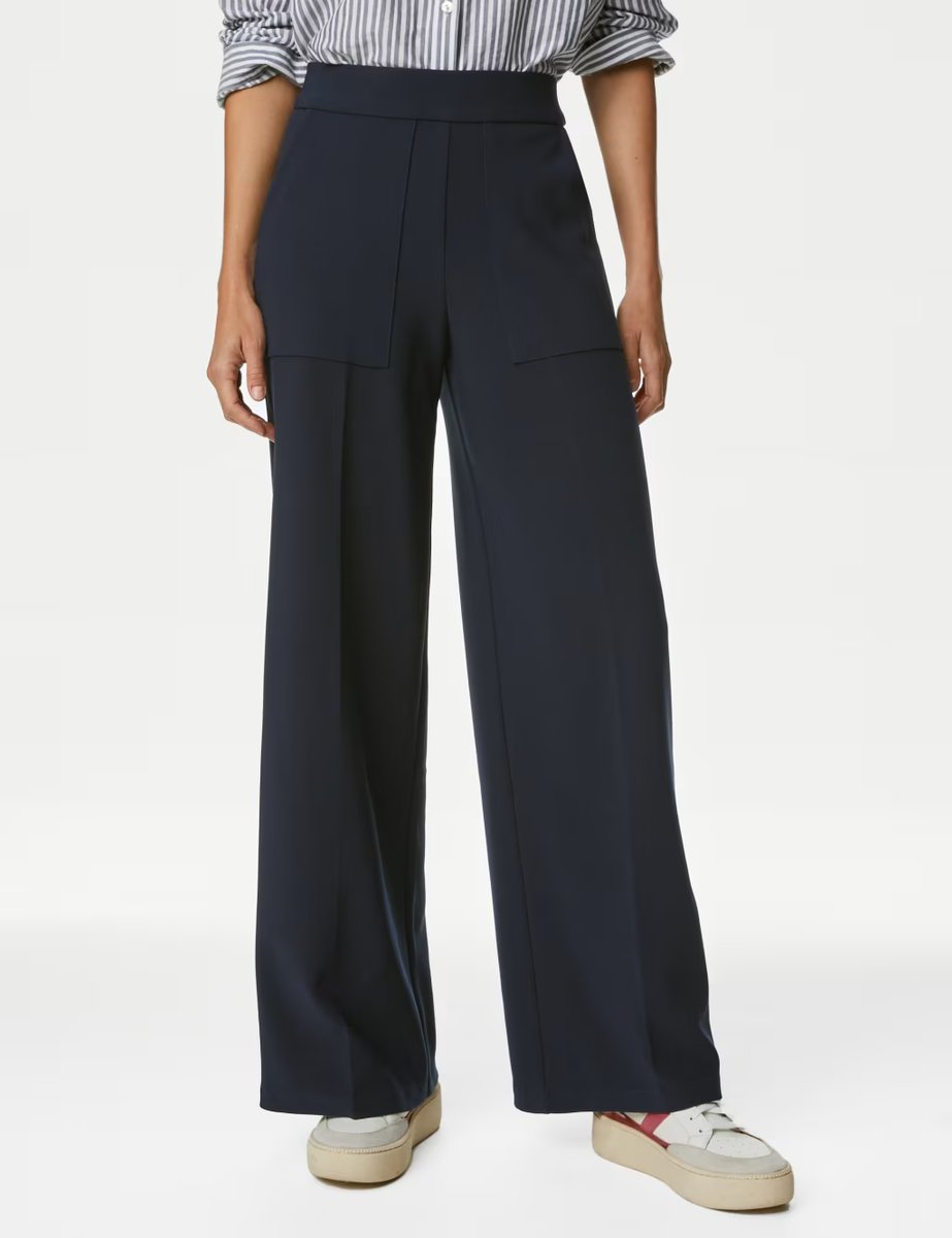 Marks & Spencer M&S Jersey Crepe Wide Leg Trousers Navy - 3