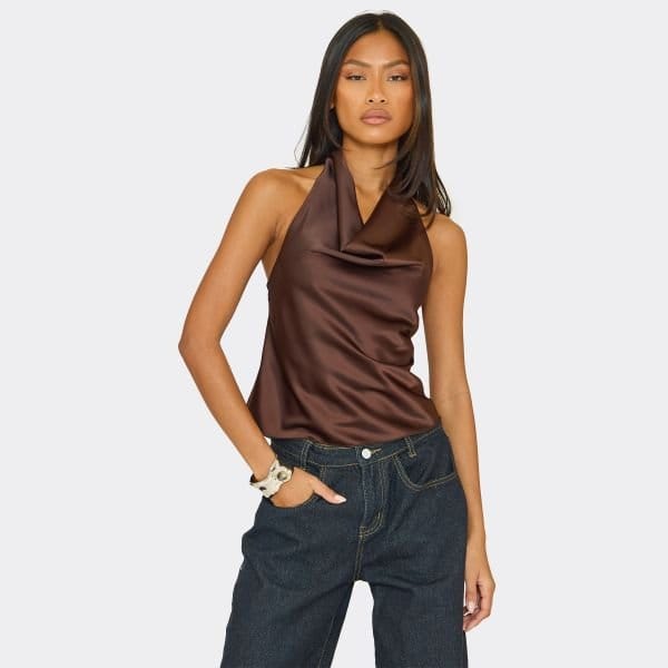 EGO Sleeveless Cowl Neck Open Back Detail Top In Chocolate Brown, Women's Size UK 6 - 1