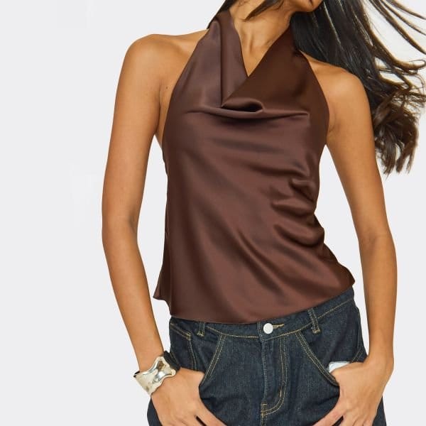 EGO Sleeveless Cowl Neck Open Back Detail Top In Chocolate Brown, Women's Size UK 6 - 2