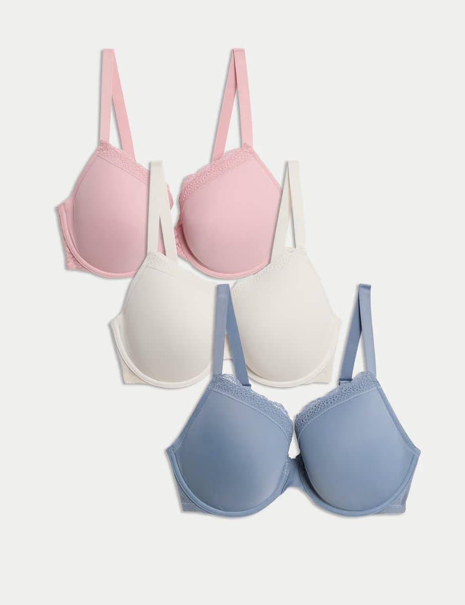 Marks & Spencer M&S 3pk Lace Trim Wired Extra Support Bras F-H Grey Blue