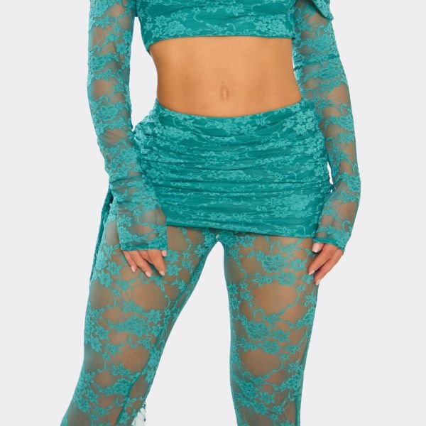 EGO Fold Over Drape Detail Flared Leg Trousers In Teal Lace, Women's Size UK 6 - 2