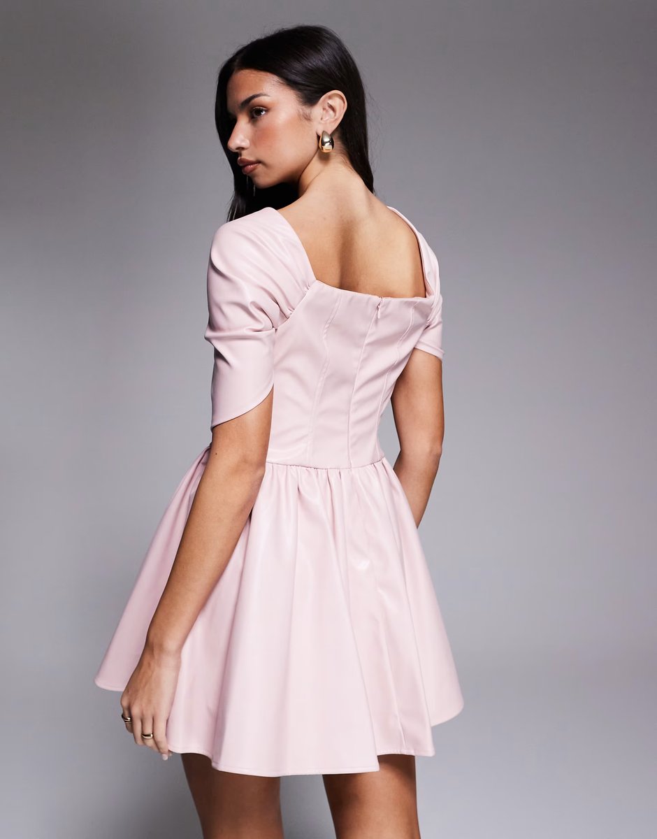 ASOS ASOS LUXE faux leather bardot skater dress in dusky pink - 3