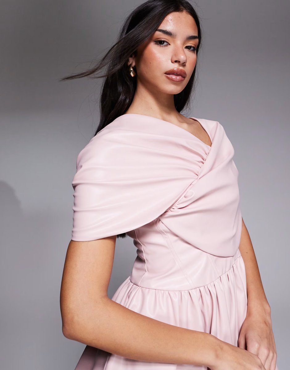 ASOS ASOS LUXE faux leather bardot skater dress in dusky pink - 4