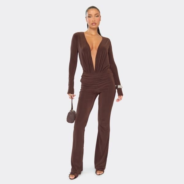 EGO Fold Over Ruched Skinny Flared Leg Trousers In Chocolate Brown, Women's Size UK 6 - 1