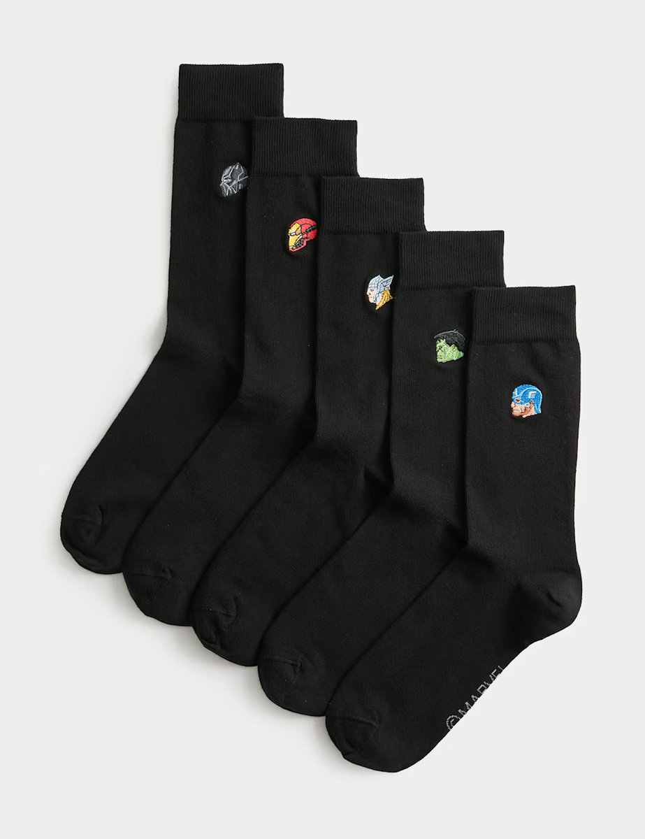 Marks & Spencer M&S 5 Pack Cool & Fresh Avengers Cotton Rich Socks Black Mix - 2