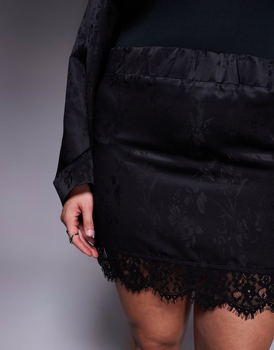 ASOS Renee Studio floral satin jacquard lace trim mini skirt co-ord in black - 3