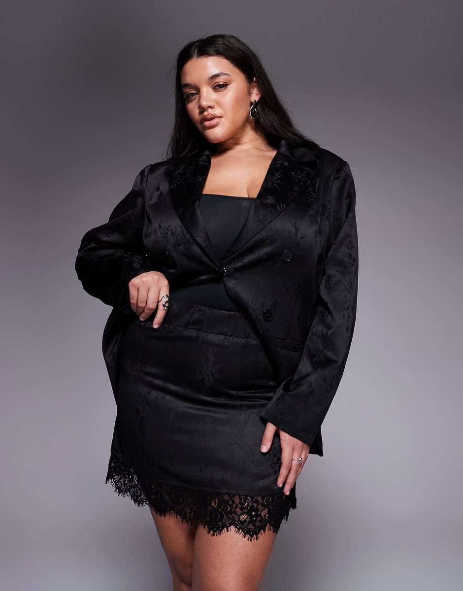 ASOS Renee Studio floral satin jacquard lace trim mini skirt co-ord in black - 4