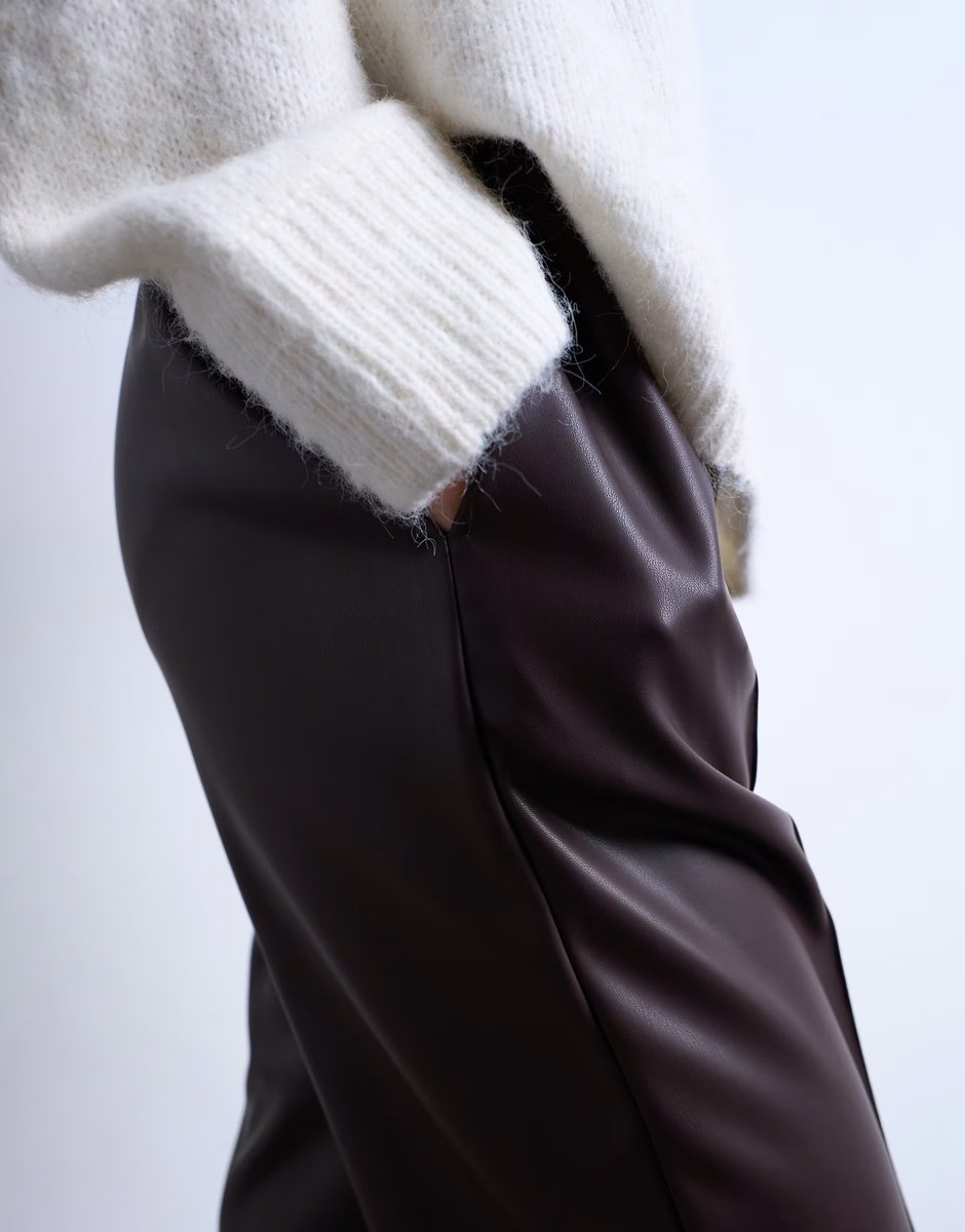 ASOS Topshop faux leather wide leg jogger with pinseam detail in chocolate - 3