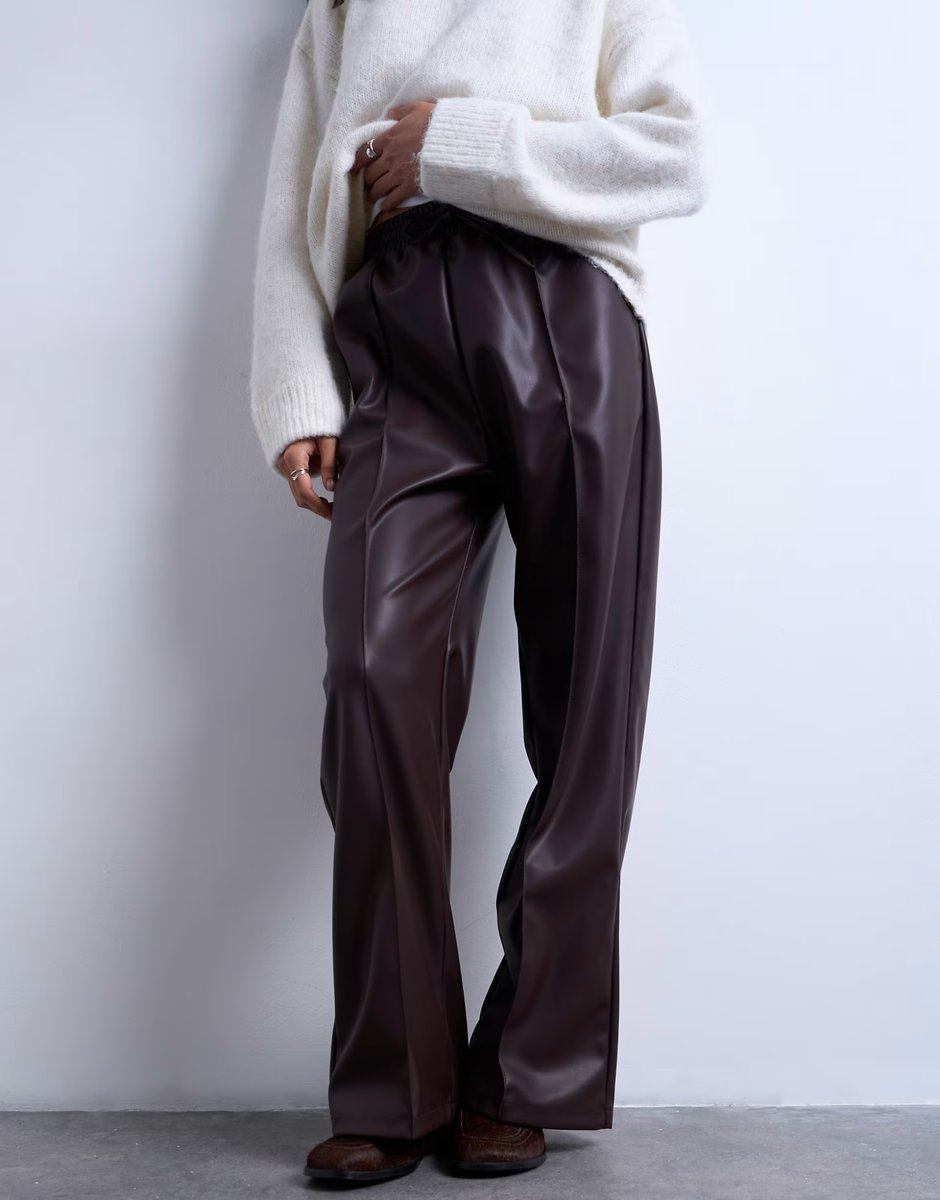 ASOS Topshop faux leather wide leg jogger with pinseam detail in chocolate - 4