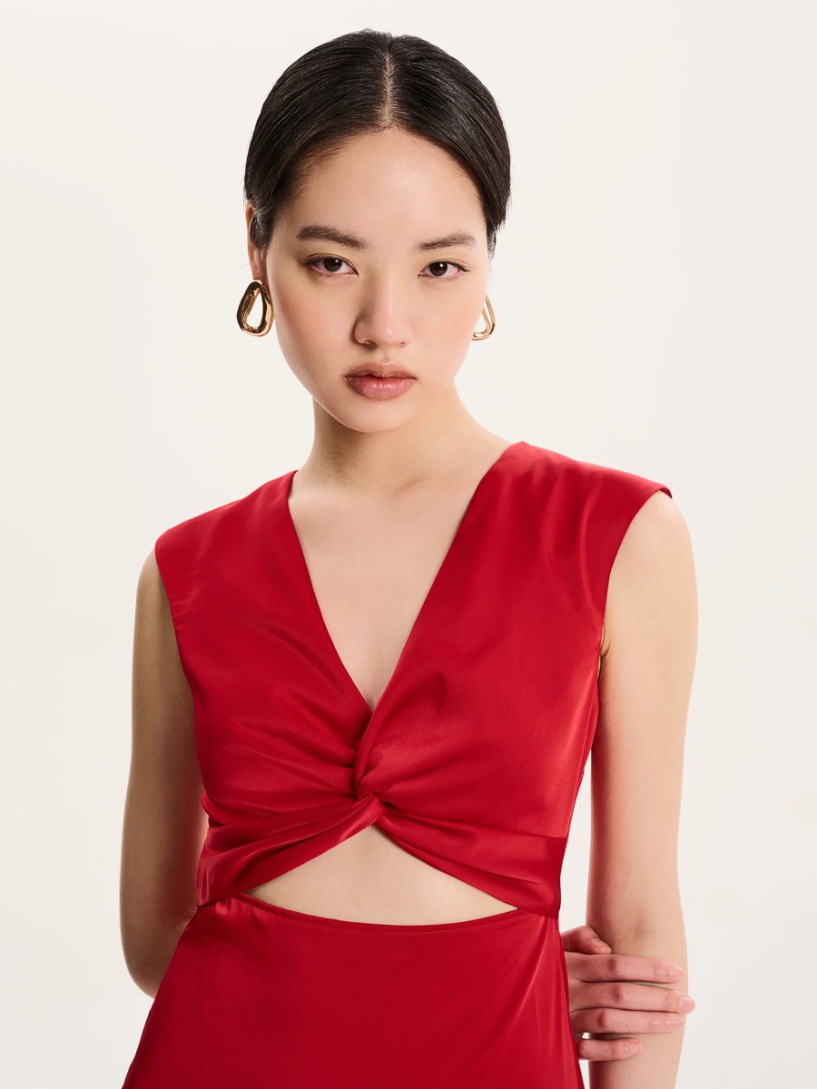 OMNES Marin Twist Satin Dress in Barbados Cherry - 3
