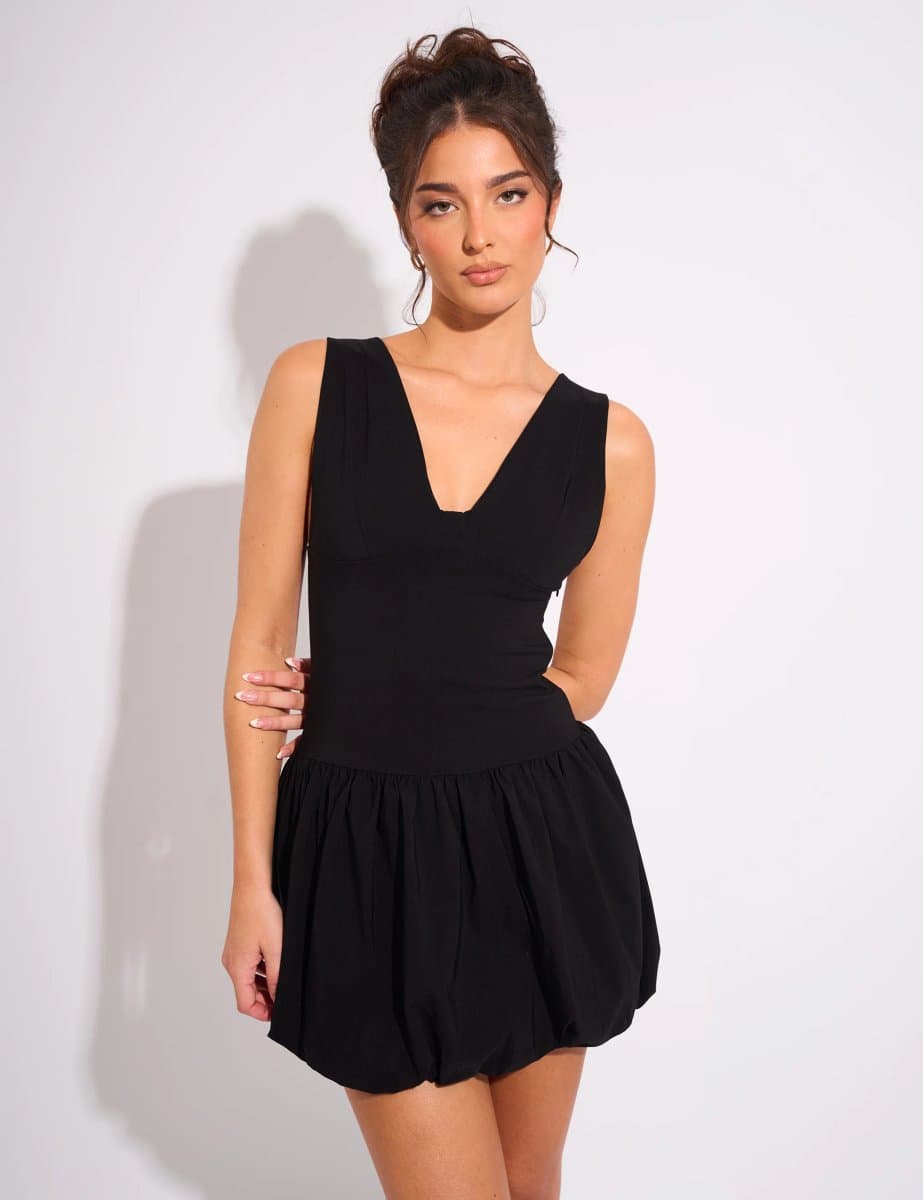Public Desire Plunge Bubble Hem Mini Dress Black