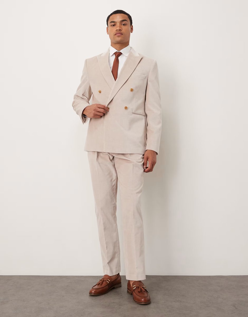 ASOS ASOS DESIGN slim double breasted suit jacket in stone lightweight cotton velvet - STONE - 2