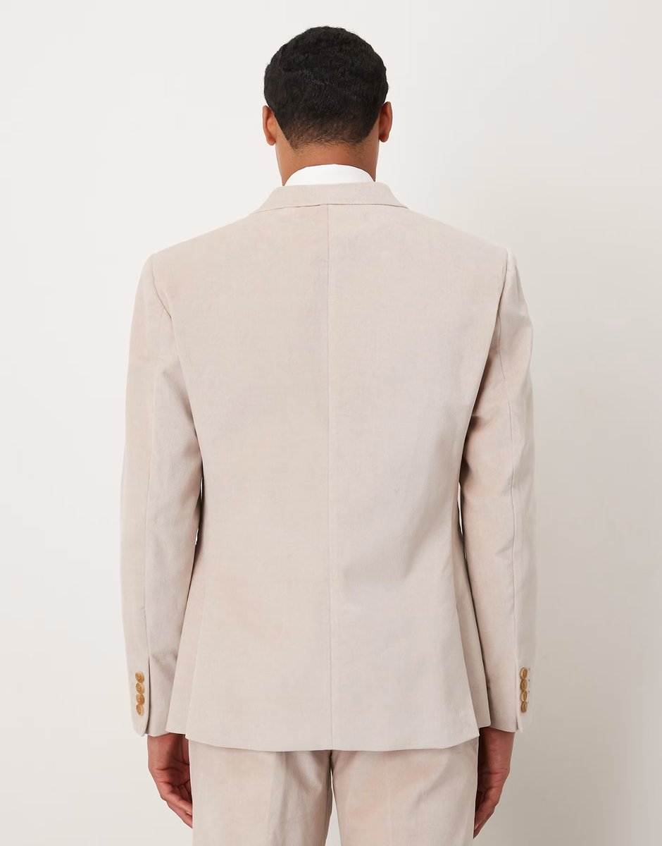 ASOS ASOS DESIGN slim double breasted suit jacket in stone lightweight cotton velvet - STONE - 3